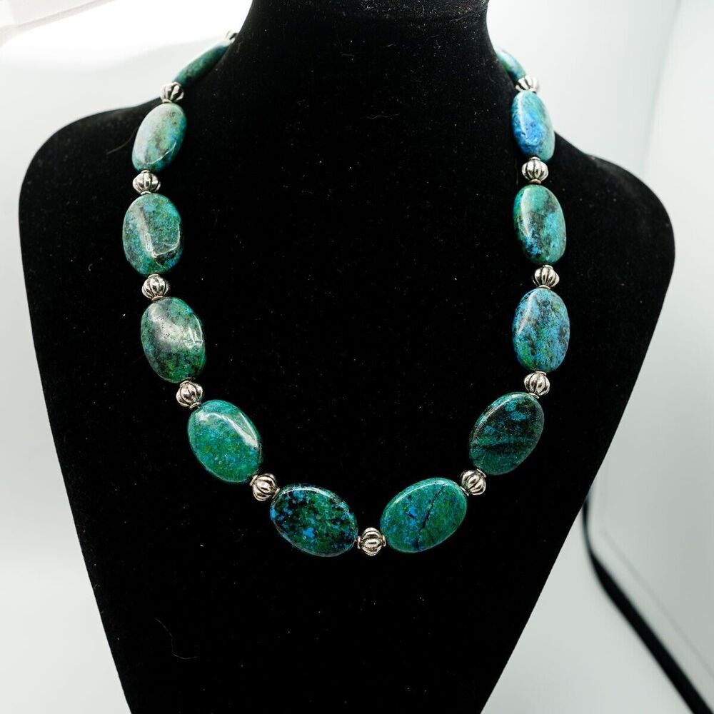 Natural oval stone necklace blue/green silver tone boho southwest
